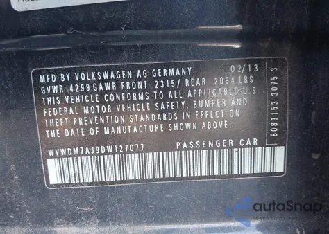 2013 Volkswagen Golf 2.0L Tdi 4-Door from USA, damaged, VIN WVWDM7AJ9DW127077